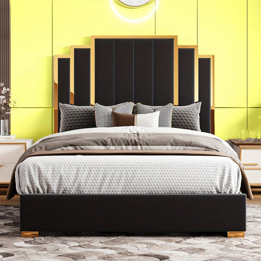 Papajet Golden Trimmed Upholstered Bed Frame with 61-Inch Headboard - Modern Platform Style Good Vibrations