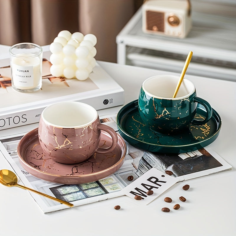 Set, Marble Print Teacup And Saucer, Ceramic Coffee Cup And Saucer Plate Good Vibrations