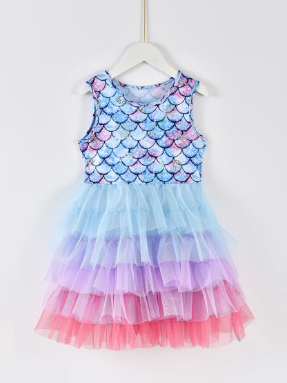 Mermaid Gradient Dress Girls' Casual Summer Short Sleeve Party Puff Skirt Versatile Dress Good Vibrations