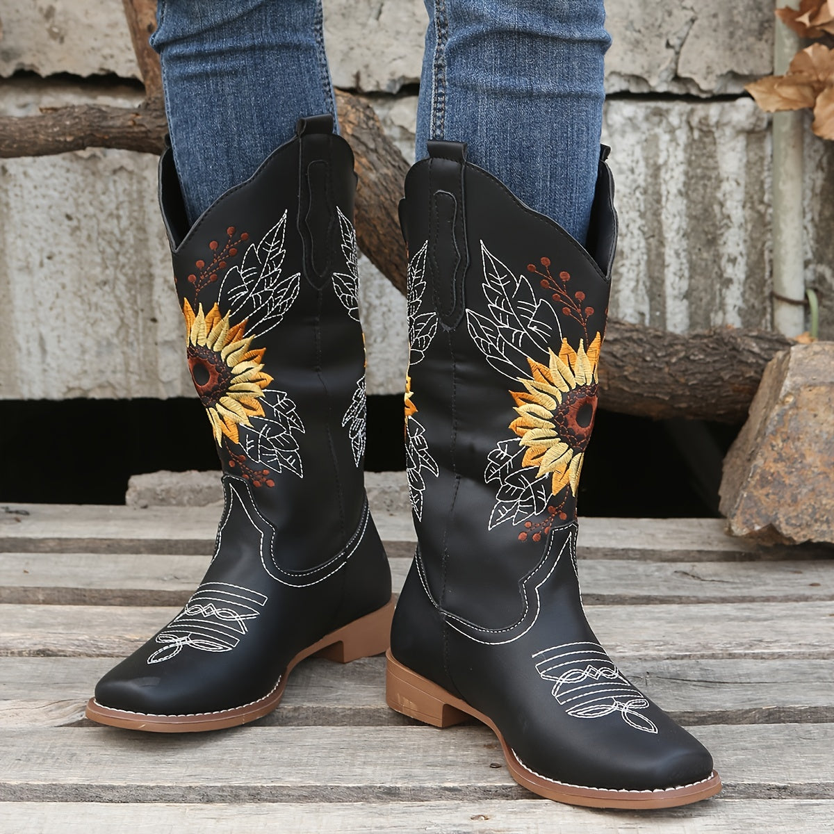 [Mid Calf Embroidered Western Boots] Women's Embroidered Mid Calf Western Boots, Faux Leather Fashion Boots, Women's Footwear Good Vibrations
