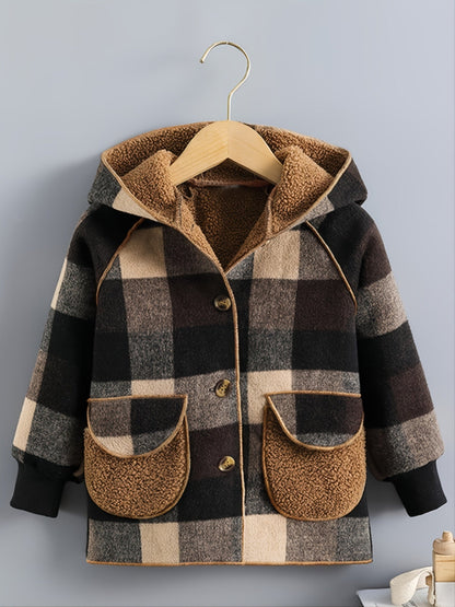 Boys' Long Sleeve Plaid Fleece-Lined Jacket with Button Front & Pockets - Cozy Fall/Winter Warmth, Casual Cardigan Collar, Brown/ Tartan Pattern, Machine Washable For Outdoor Play & Casual Attire, Winter Jacket For Boys, Fall Good Vibrations