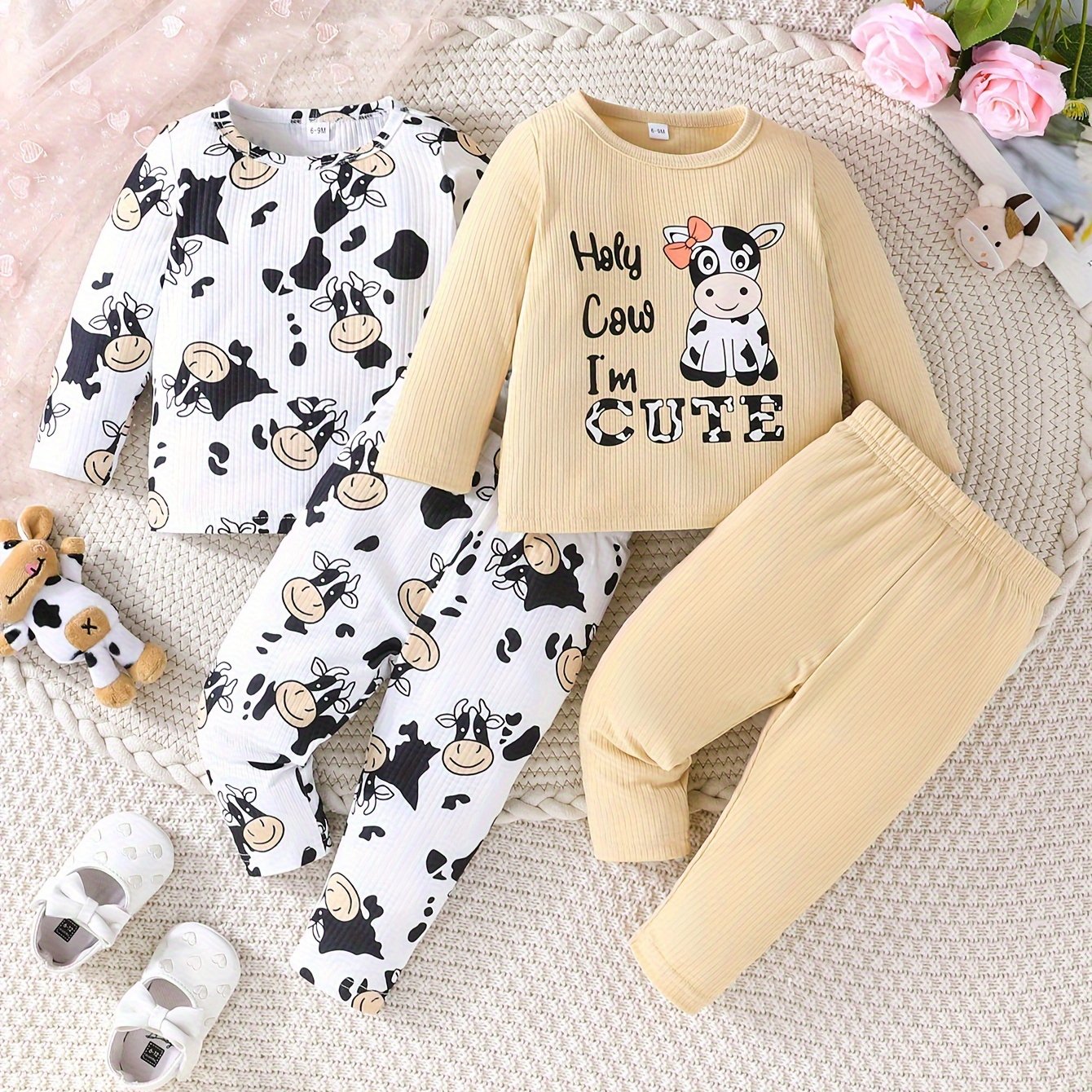 2 Sets Toddler & Infant Girl's Cartoon Cow Pattern Long Sleeve T-shirt + Casual Pants Clothing Set for Outdoor Good Vibrations