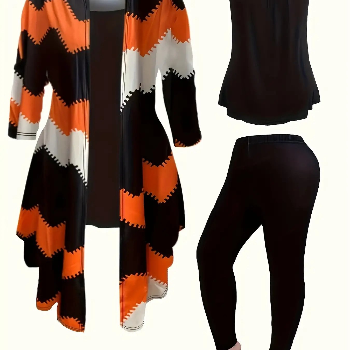 Women'S 3pcs Winter Warmth Set - Oversized Sleeveless Top & Leggings with Geometric Pattern, Soft Stretchy Fabric, Loose Fit Coordinated Outfits in Orange/Blue/Black/Green | Machine Washable Casual to Formal Wear for Office, Good Vibrations