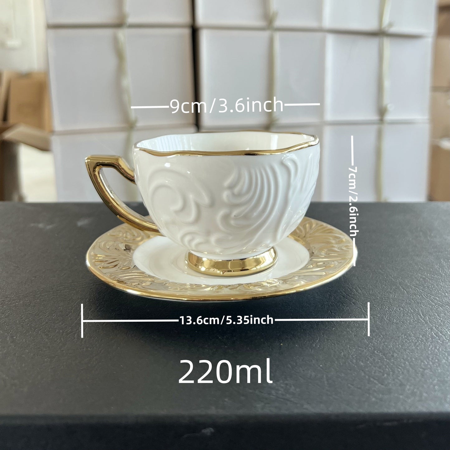 Luxurious Relief Floral Tea Set with Golden Trim: Includes 6 Cups, 6 Saucers, And 1 Large Tray - Perfect for Thanksgiving, Eid Al-Fitr, And More! Good Vibrations