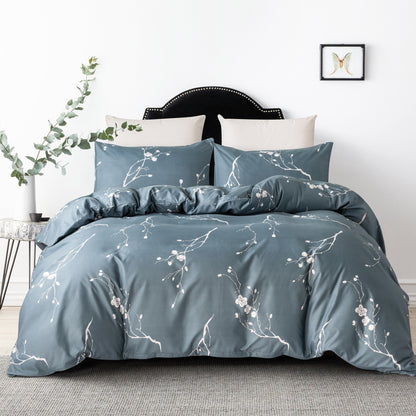 Plum Blossom Duvet Cover Twin Blue Comforter Set Soft Hotel 2/3PCS Microfiber Lightweight Soft White Floral Blue Set with Zipper Closure Good Vibrations