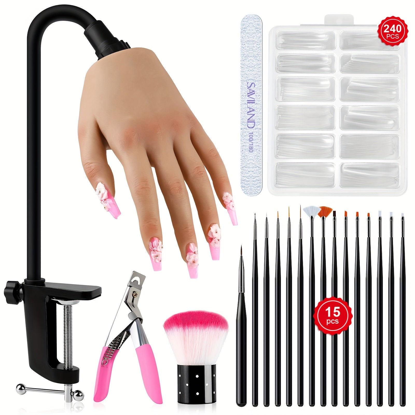 Saviland Practice Hand For Acrylic Nails: Mannequin Silicone Nail Practice Hand Flexible Nail Hand For Acrylic Nails Practice Nail Tips Nail Art Brushes Set For Beginners Home Training Kit Good Vibrations