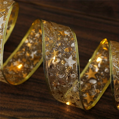 78.74/196.85/393.7inch Golden And Silver Christmas Ribbon Fairy Lights, With Ribbon Bows And Butterfly Decorations, For Garden Home, Living Room, Halloween, Christmas, Wedding Decoration, Christmas Tree Decoration, Novel Ligh Good Vibrations
