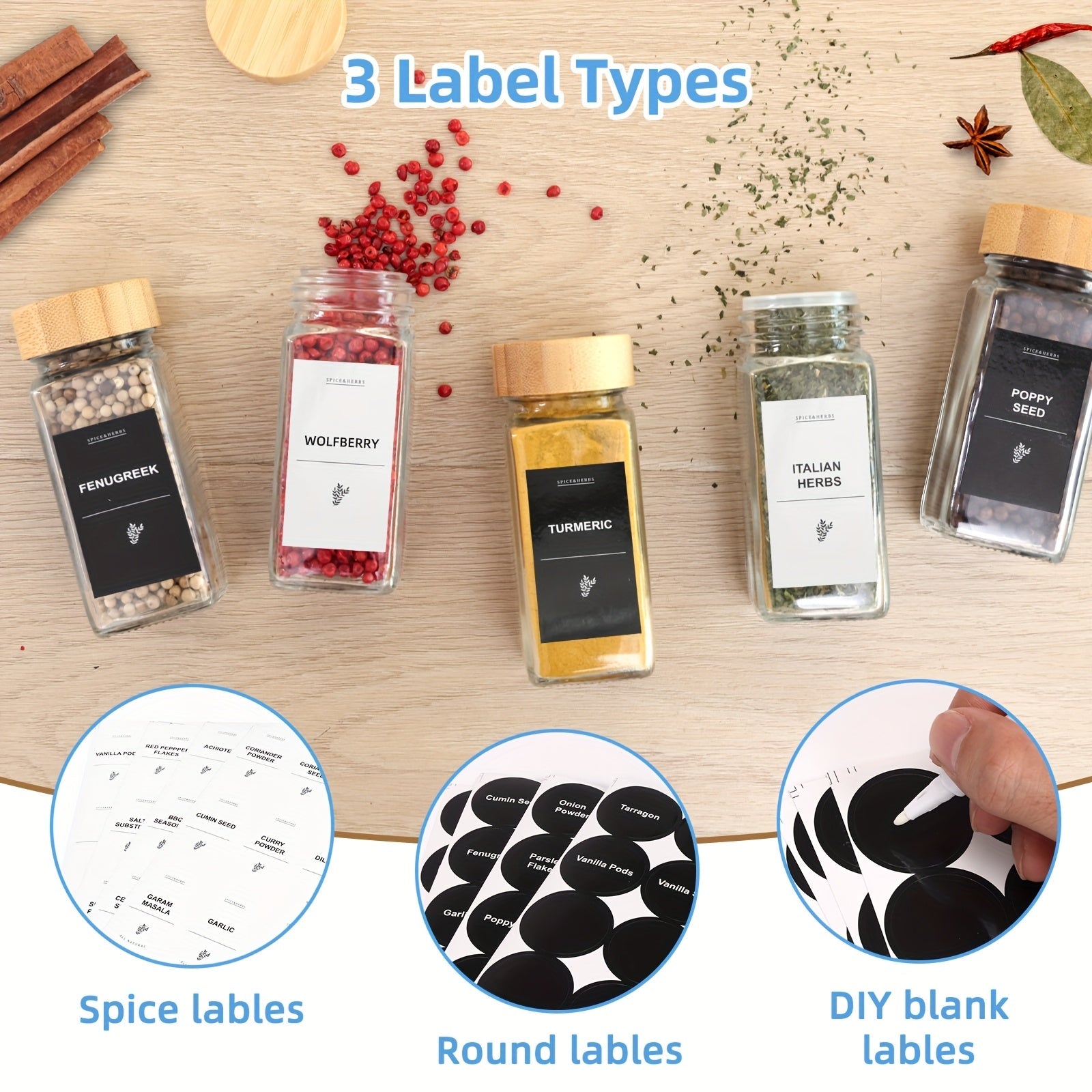 24 Glass Spice Jars with Label, Bamboo Spice Jar Set 4oz Seasoning Containers with Labels, with 2pcs Pepper Grinder, Spice Bottles Funnel, Empty Spice Jars and Shaker Lids Spice Containers Good Vibrations