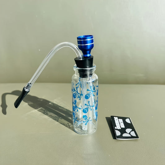 Exquisite Mini Water Hookah, 4.2*1.2*1.2" Handheld Glass Shisha Hookah, Extra 6 Pcs Smoking Gauze Net Metal Flters(Blue Skull)