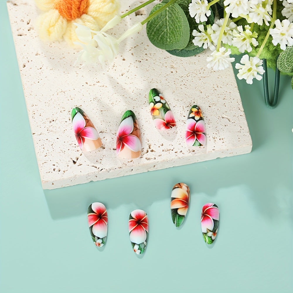 Mixed Color Floral Oval Long Press On Nails with Glossy Finish, French Almond Shape Faux Nail Tips Set, Water Drop Design Adhesive Nail Art Kit YA-28 Good Vibrations