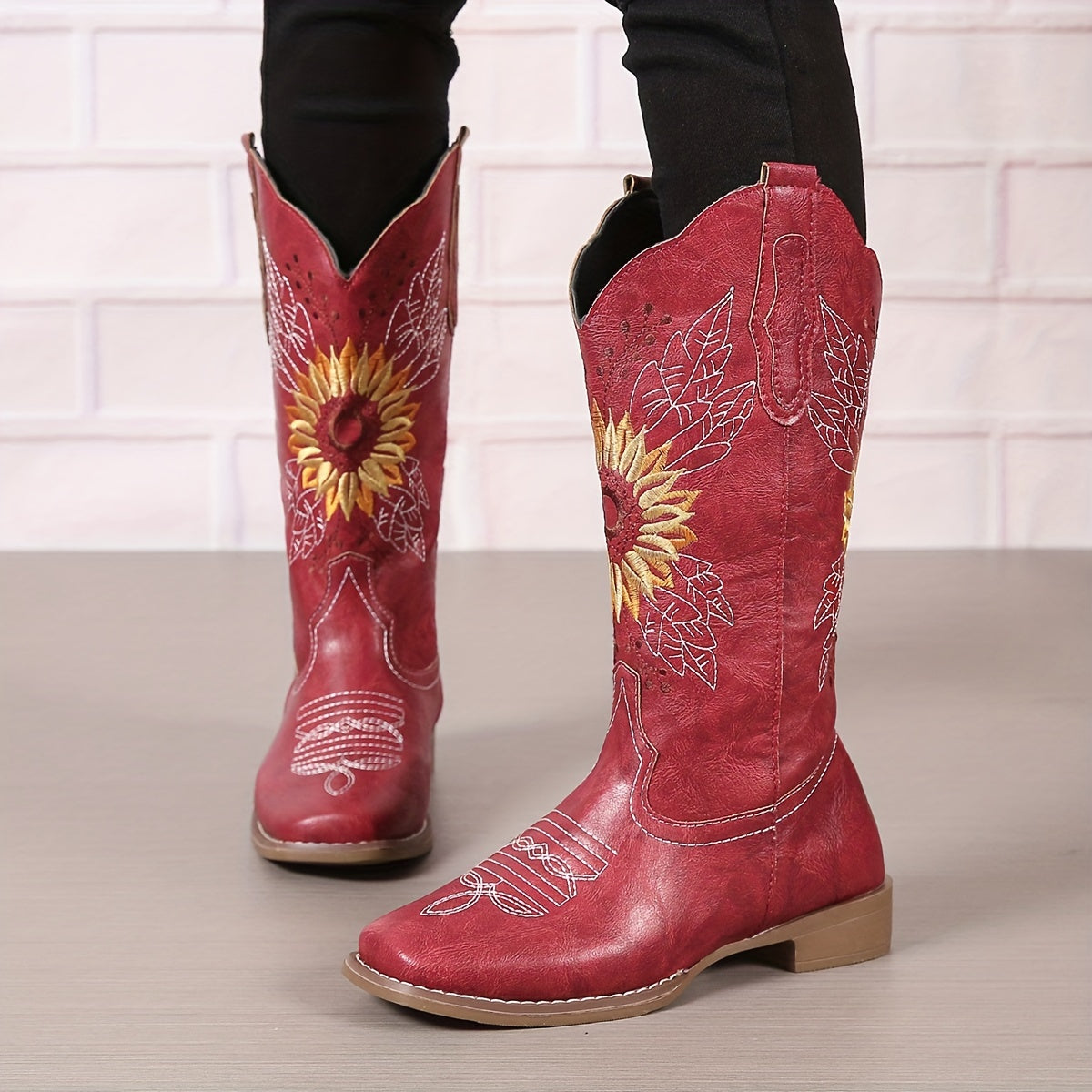 [Mid Calf Embroidered Western Boots] Women's Embroidered Mid Calf Western Boots, Faux Leather Fashion Boots, Women's Footwear Good Vibrations