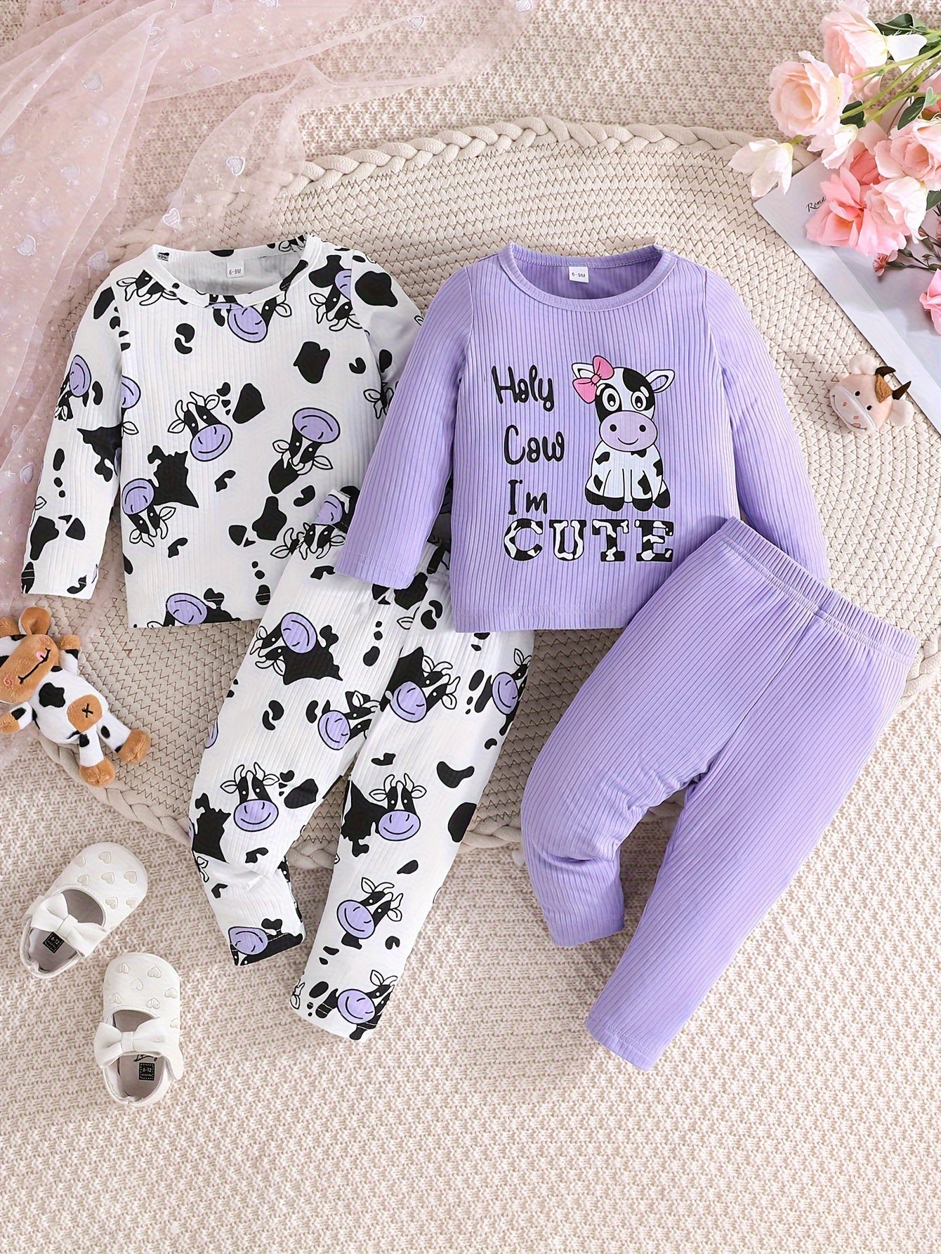 2 Sets Toddler & Infant Girl's Cartoon Cow Pattern Long Sleeve T-shirt + Casual Pants Clothing Set for Outdoor Good Vibrations