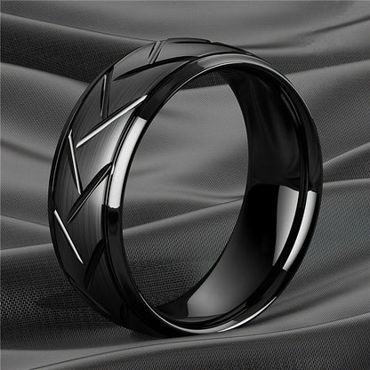 1pc 8MM Luxury High Quality Black Titanium Steel Ring Fashion Simple Men's Black Stainless Steel Wire Groove Tire Ring Artificial Jewelry Lover Gift Good Vibrations