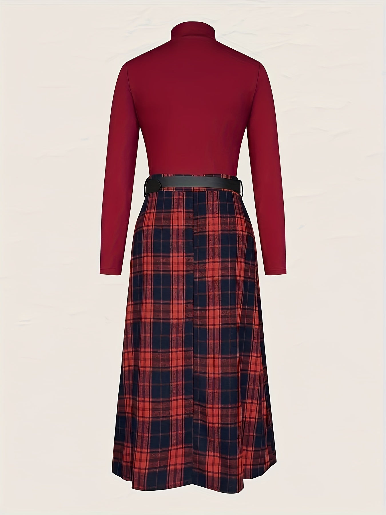 2025 New Women'S Elegant All-Season Dress Suit - Turtleneck Long Sleeve Geometric Print Red & Black Plaid-like Pattern, Structured Fit for Casual to Formal Events, Year-Round Versatile Outfit (No Belt Included) - Durable & Co Good Vibrations