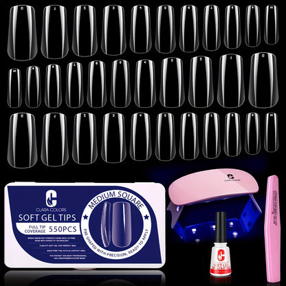 Clara Colors Nail Tips and Glue Gel Kit, 550Pcs Full Cover Soft Gel Fake Nails Tips and Nail Glue Kit with LED Nail Lamp, Medium Square Artificial False Nails Tips for Acrylic Nail Good Vibrations