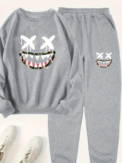 two-piece Women's Cartoon Print Sweatshirt and Pocket Pants Outfit - Comfortable and Stylish Clothing Set