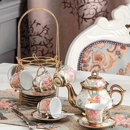 14-Piece European Ceramic Tea Set with Metal Stand, Elegant Floral Design, Holiday Theme for Afternoon Tea & Gift Giving Good Vibrations
