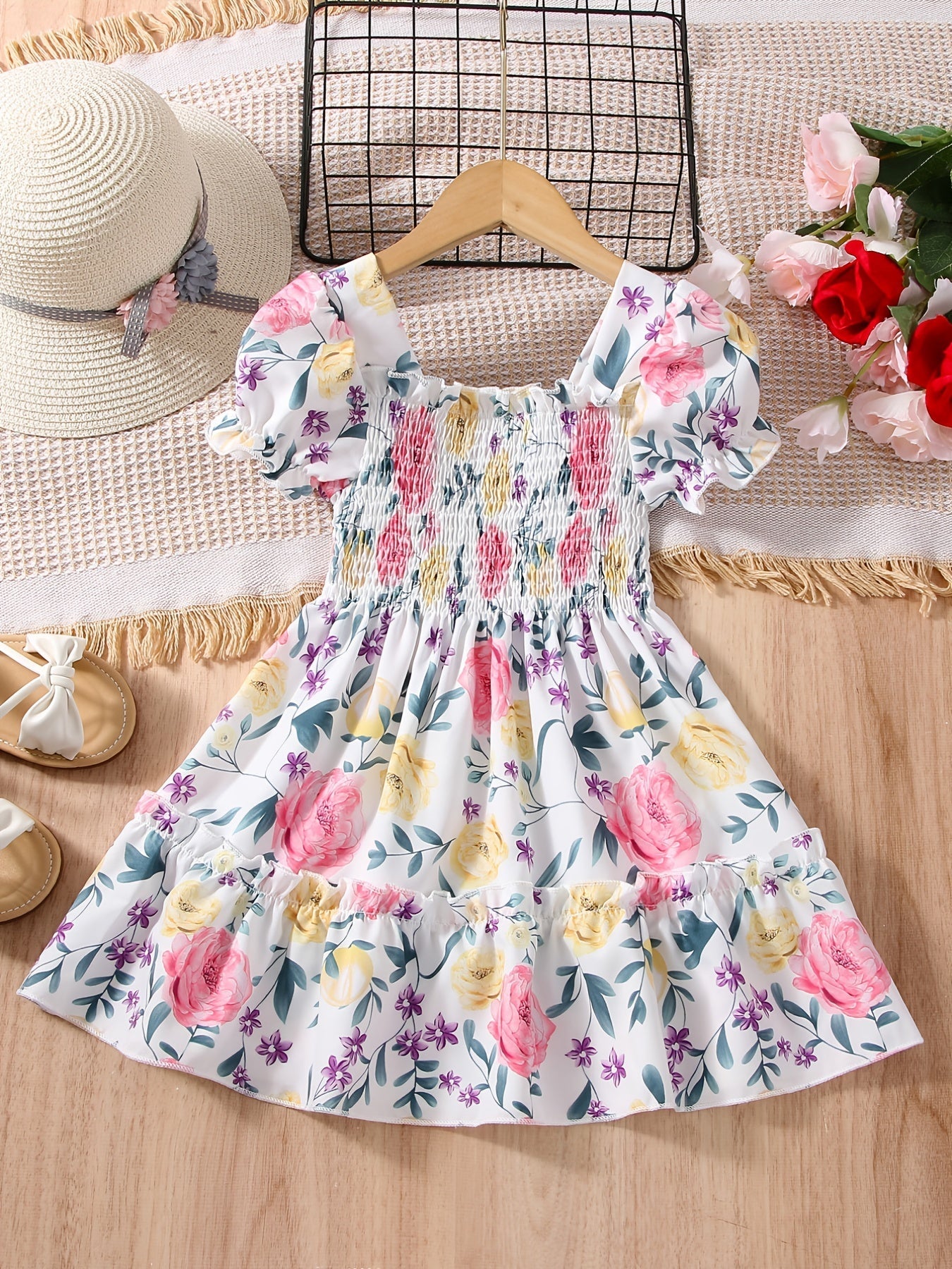[Floral Party Dress] Floral Puff Sleeve Girls Party Dress | Shirred Ruffled Hem Kids Summer Clothes Good Vibrations