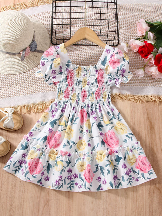 [Floral Party Dress] Floral Puff Sleeve Girls Party Dress | Shirred Ruffled Hem Kids Summer Clothes Good Vibrations