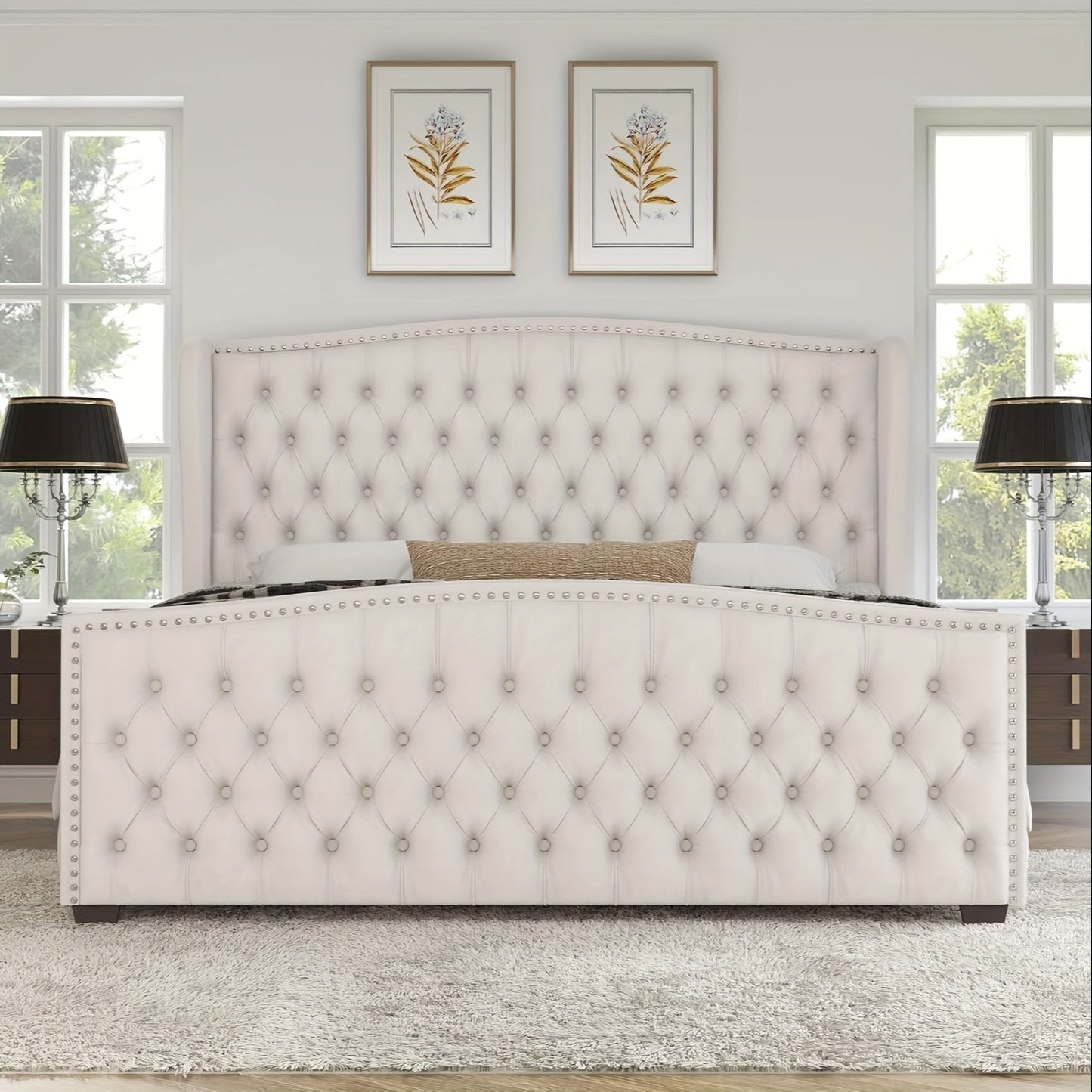 Luxurious Velvet Upholstered Platform Bed Frame with Deep Button Tufted Wingback Headboard & Nailhead Trim - No Box Spring Required, Sturdy Hardwood & High-Density Fiberboard Construction, Easy Assembly Modern Bedroom Furnitu Good Vibrations