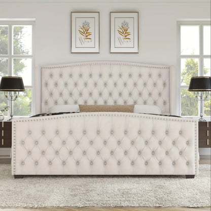 Luxurious Velvet Upholstered Platform Bed Frame with Deep Button Tufted Wingback Headboard & Nailhead Trim - No Box Spring Required, Sturdy Hardwood & High-Density Fiberboard Construction, Easy Assembly Modern Bedroom Furnitu Good Vibrations