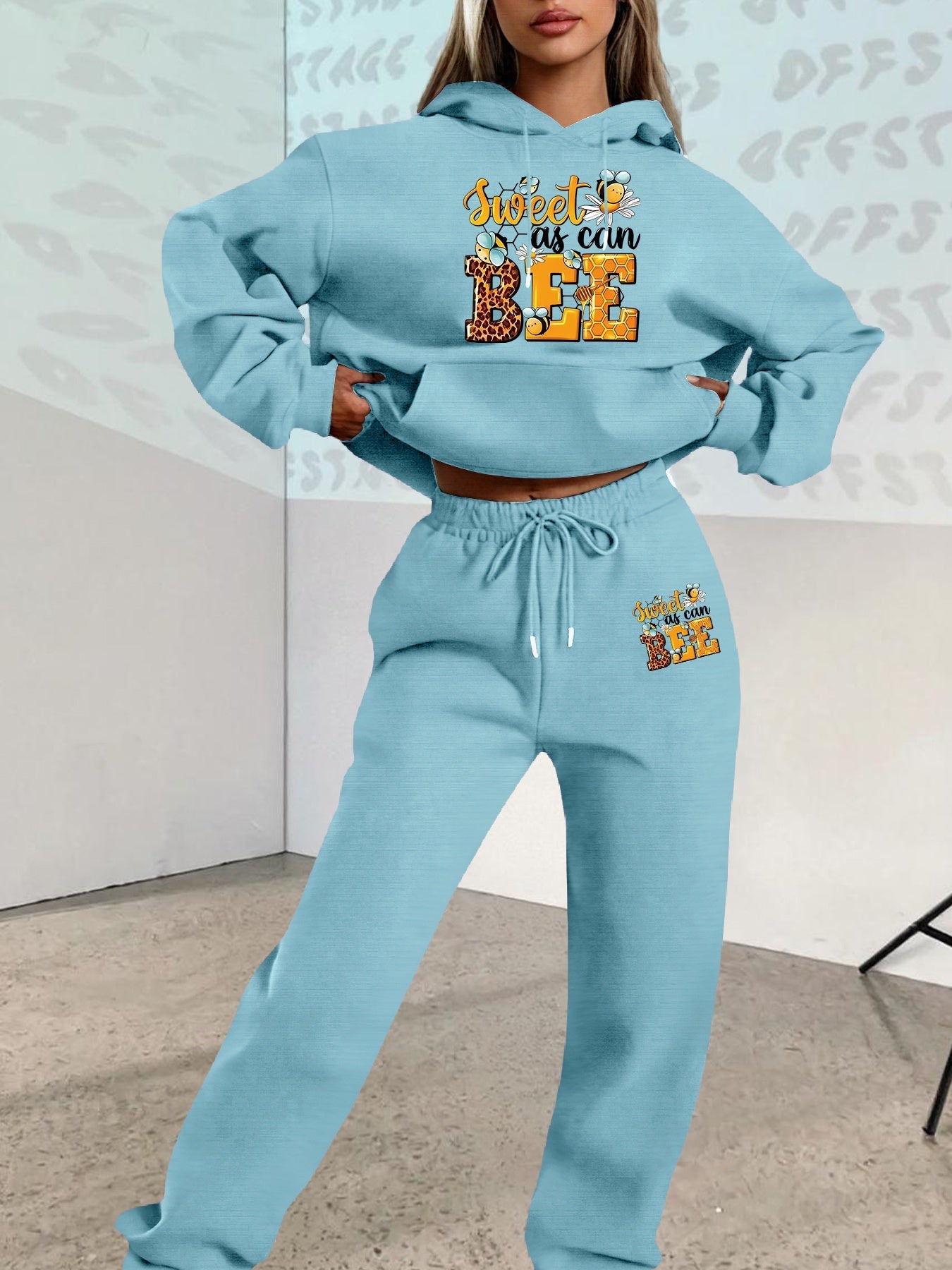 2025 Autumn Winter New Arrival, Sweet Cool Long Neck Deer Pattern Suit, Casual Letter Print Loose Warm Long Sleeve Hooded Sweatshirt with Elastic Drawstring Waist Pants Two-Piece Set, Women Two-piece Set Large Size Striped Ch Good Vibrations