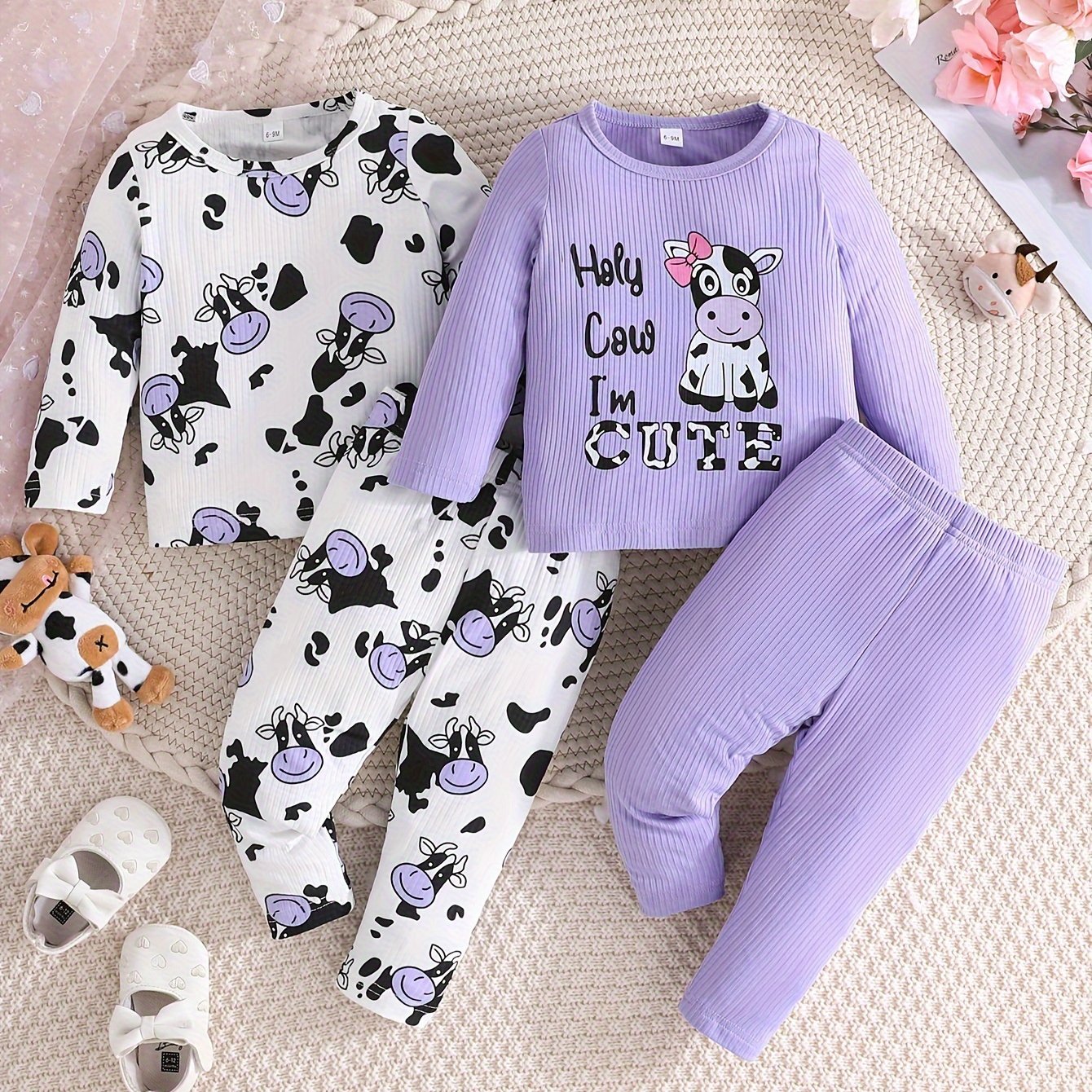2 Sets Toddler & Infant Girl's Cartoon Cow Pattern Long Sleeve T-shirt + Casual Pants Clothing Set for Outdoor Good Vibrations