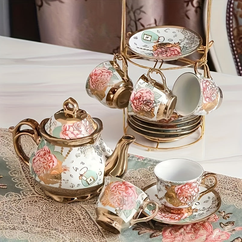 14-Piece European Ceramic Tea Set with Metal Stand, Elegant Floral Design, Holiday Theme for Afternoon Tea & Gift Giving Good Vibrations