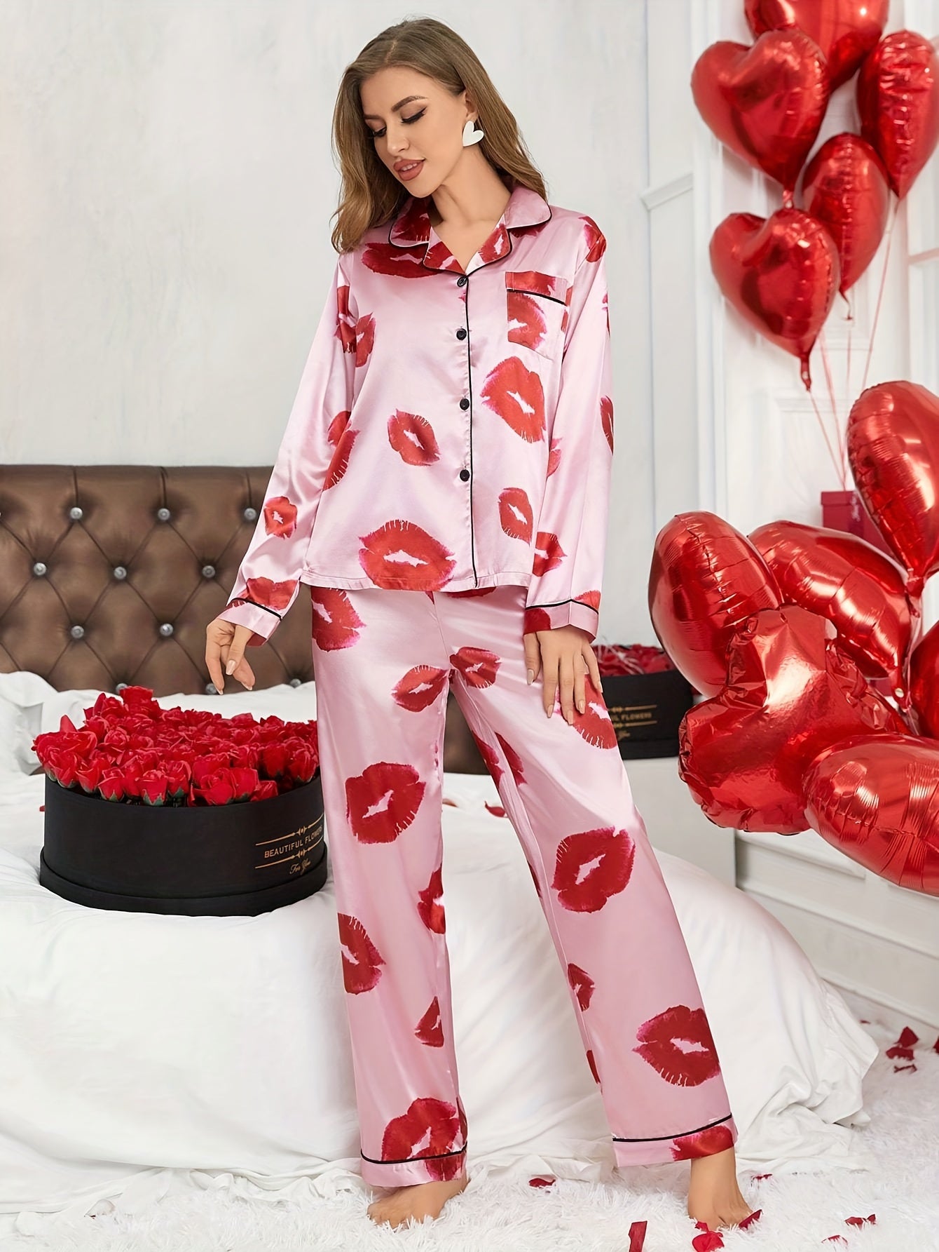 Lipprint printed women's satin pajamas, long sleeved pants, sexy home clothing set Good Vibrations
