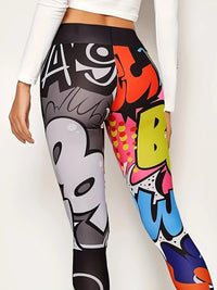Comic Allover Print Wide Waistband Leggings - Casual Skinny Slim Stretchy Leggings - Polyester & Spandex Blend - For Women - Perfect for Casual Wear, Yoga, & Loungewear - Great Gift for Comic Book Fans Good Vibrations