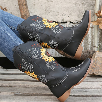 [Mid Calf Embroidered Western Boots] Women's Embroidered Mid Calf Western Boots, Faux Leather Fashion Boots, Women's Footwear Good Vibrations