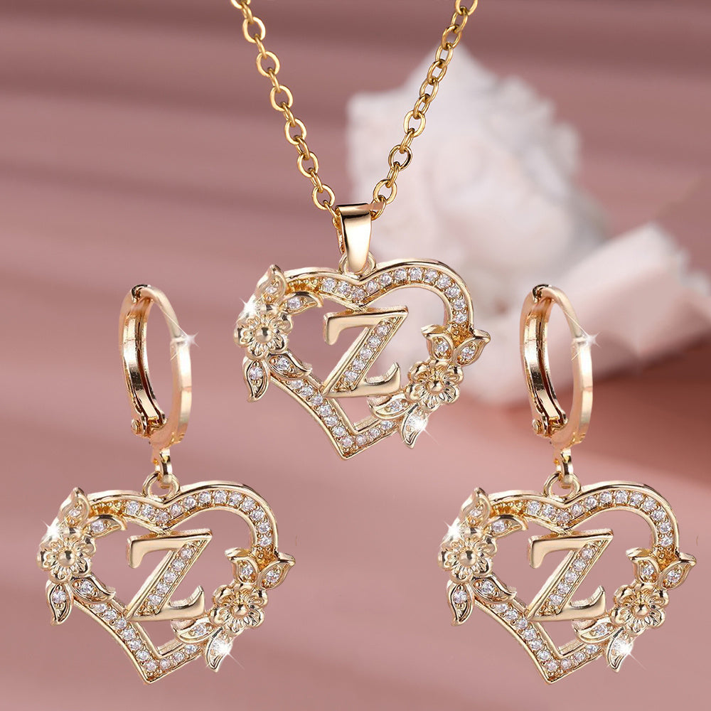 3pcs Women's Jewelry Set - Heart-Shaped Interlocking Link Necklace & Earrings with 26-Letter Monogram, Elegant Golden-Tone -Accented Letters, Dainty Everyday Gift for Mother's Day, Graduation, Birthdays (Pink & Clear Good Vibrations