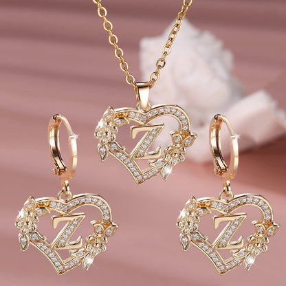3pcs Women's Jewelry Set - Heart-Shaped Interlocking Link Necklace & Earrings with 26-Letter Monogram, Elegant Golden-Tone -Accented Letters, Dainty Everyday Gift for Mother's Day, Graduation, Birthdays (Pink & Clear Good Vibrations