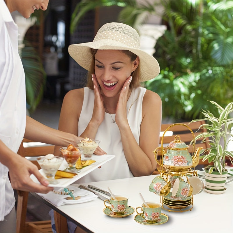 20 Pcs, Ceramic Tea Set, Coffee Pot, Floral Ceramic Tea Cup with Saucer, Afternoon Tea Set Porcelain Tea Set With Metal Holder, Blooming Tea Set, Christmas Gift For Tea Lover, Home Garden Party Coffee Shop, Afternoon Tea & Sp Good Vibrations