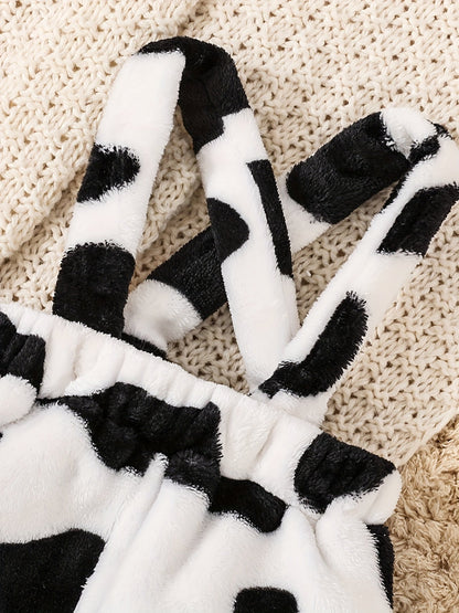 2pcs Baby's Adorable Cow Pattern Ruffled Bodysuit + Hat + Jumpsuit, Toddler & Infant Girl's Clothing Set For Spring Fall Good Vibrations