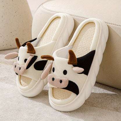 Women's Cartoon Cute Cow House Slippers, Platform Soft Sole Anti-slip Warm Plush Home Slides, Women's Indoor Cozy Shoes Good Vibrations