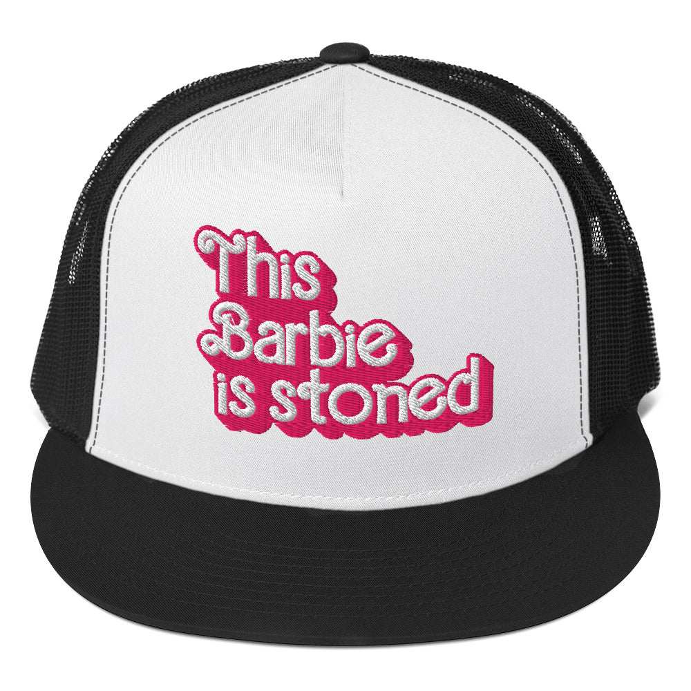 Barbie Trucker Cap with pink text design, structured five-panel, flat bill, snapback closure.