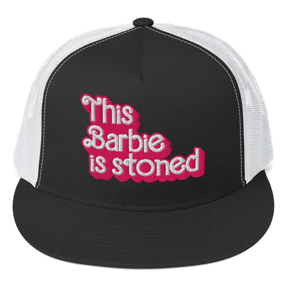 Barbie Trucker Cap with bold text design, stylish blend fabric, snapback closure.