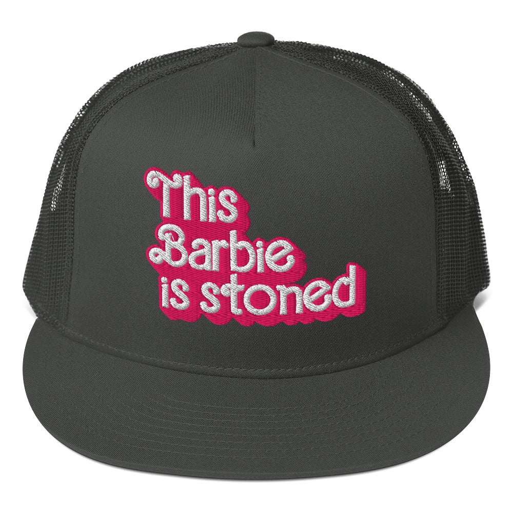 Barbie Trucker Cap with embroidery, flat bill, five-panel design, and snapback closure.