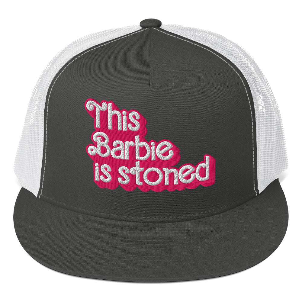Barbie Trucker Cap with embroidery, structured five-panel design, flat bill, and snapback closure.