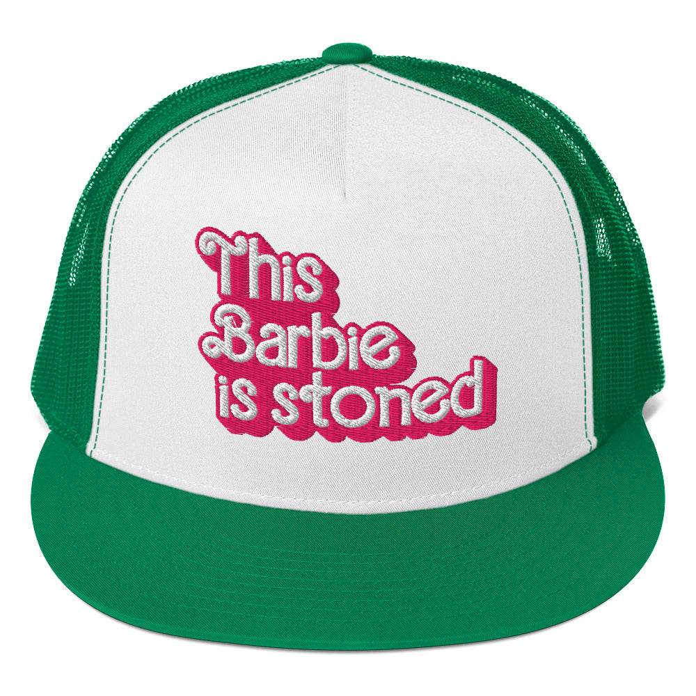 Barbie trucker cap with green brim and pink embroidered text.