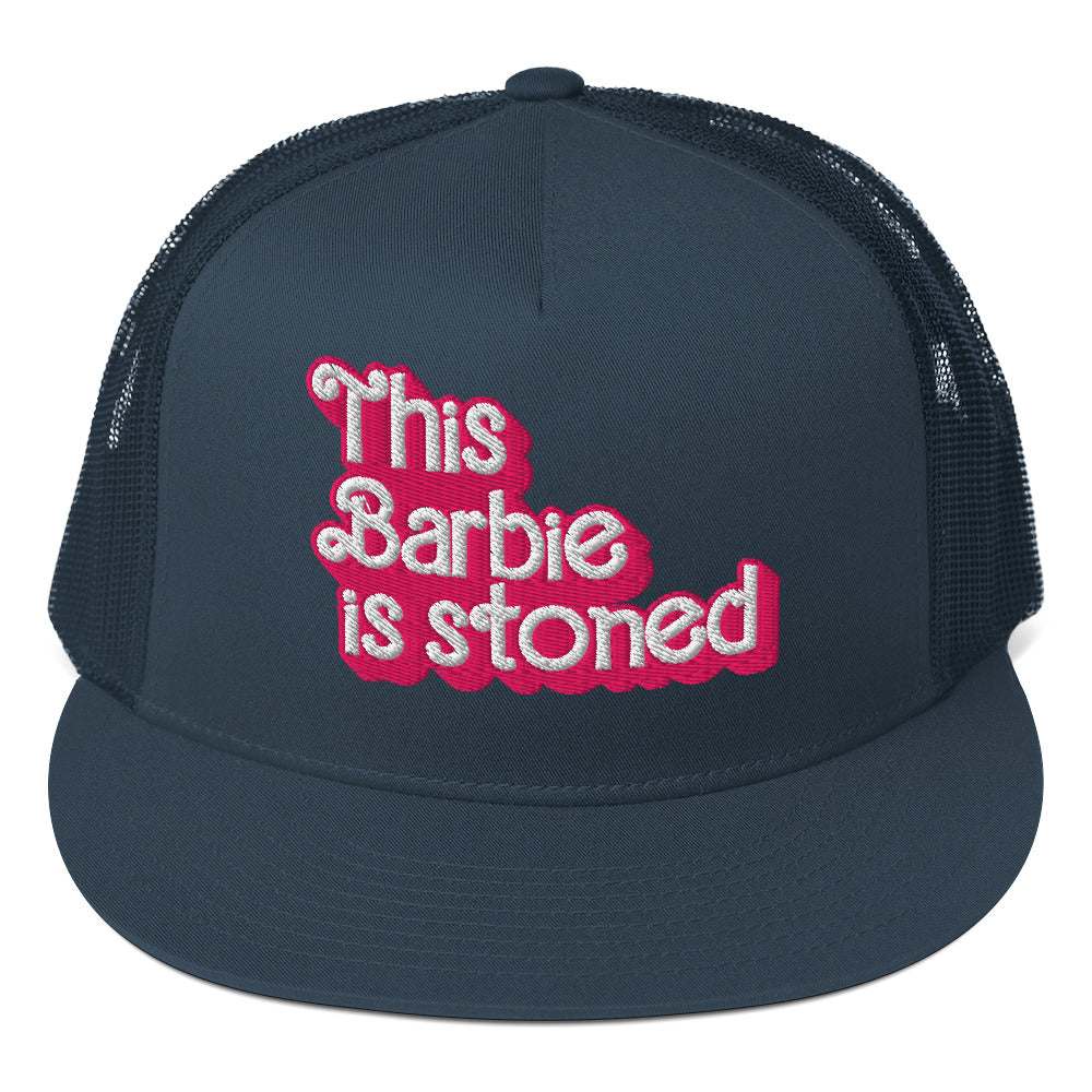 Barbie Trucker Cap with embroidered design, structured five-panel, flat bill, snapback closure.