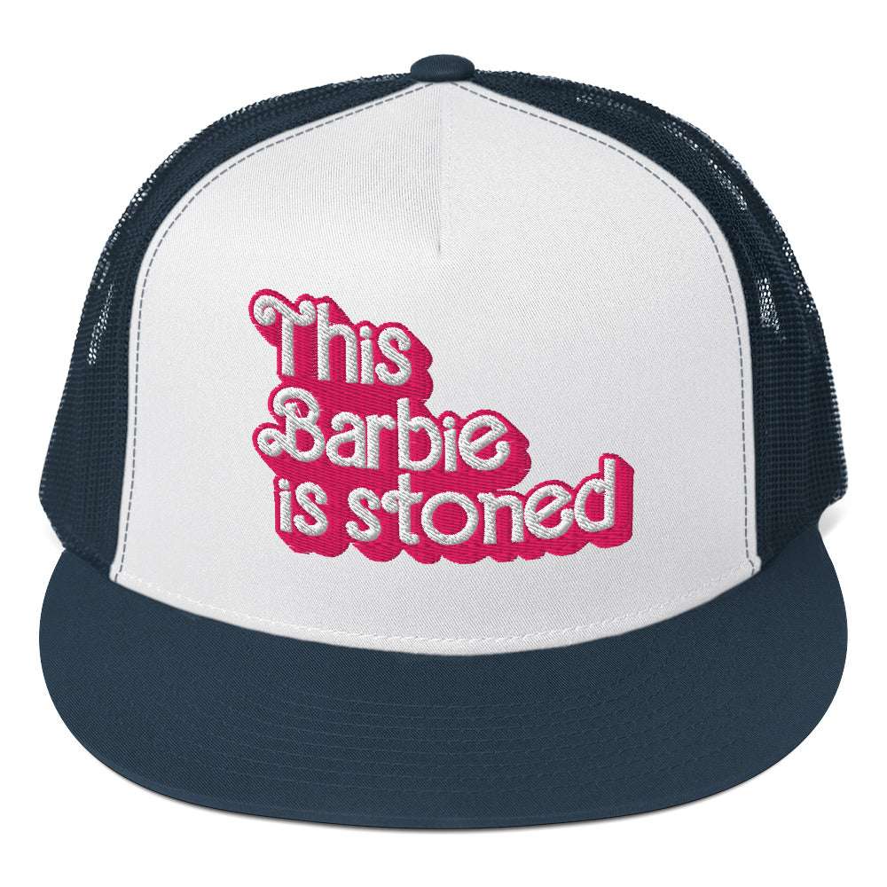 Barbie Trucker Cap with embroidered design, structured high-profile, flat bill, snapback closure.