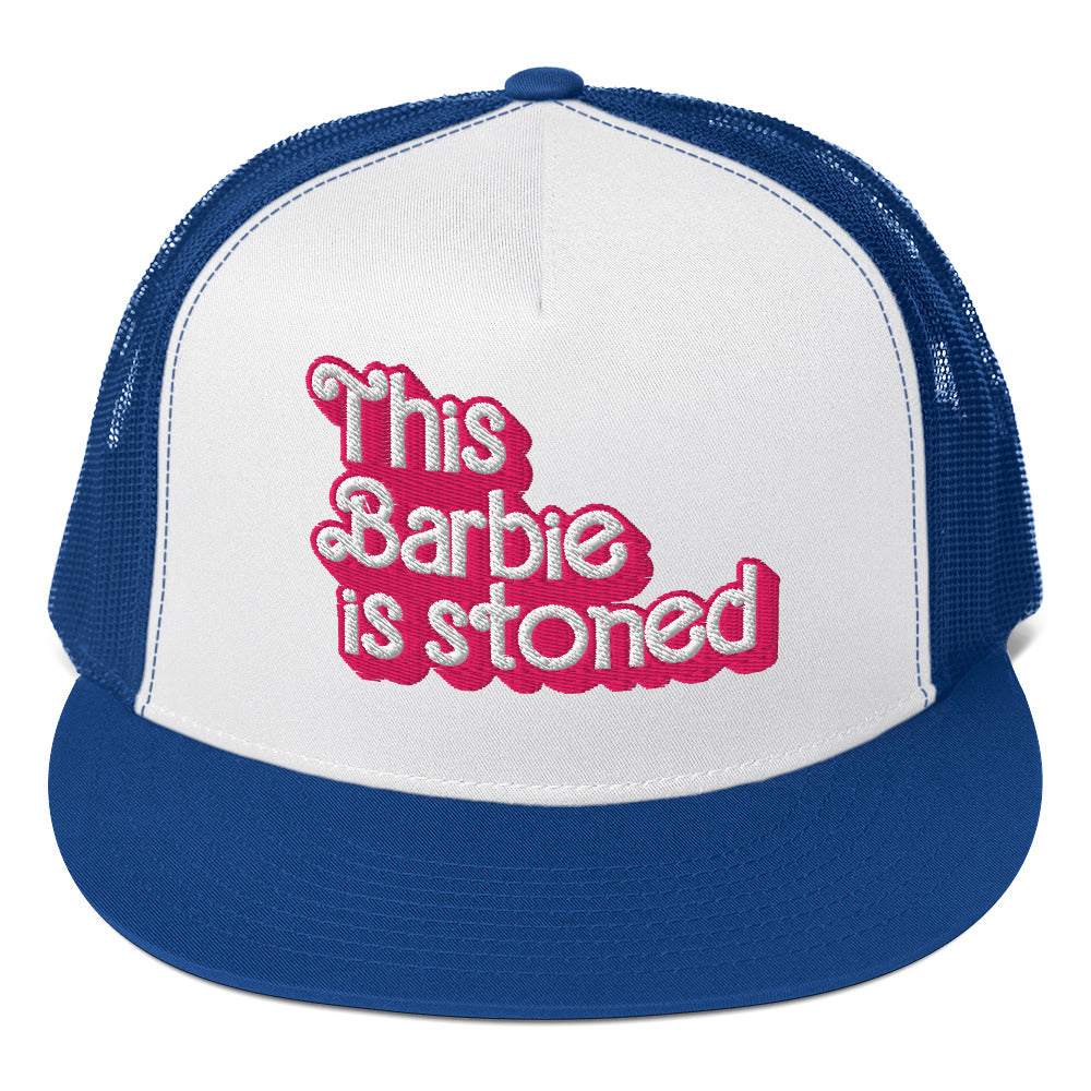 Barbie Trucker Cap with blue mesh and pink embroidered text on white front.