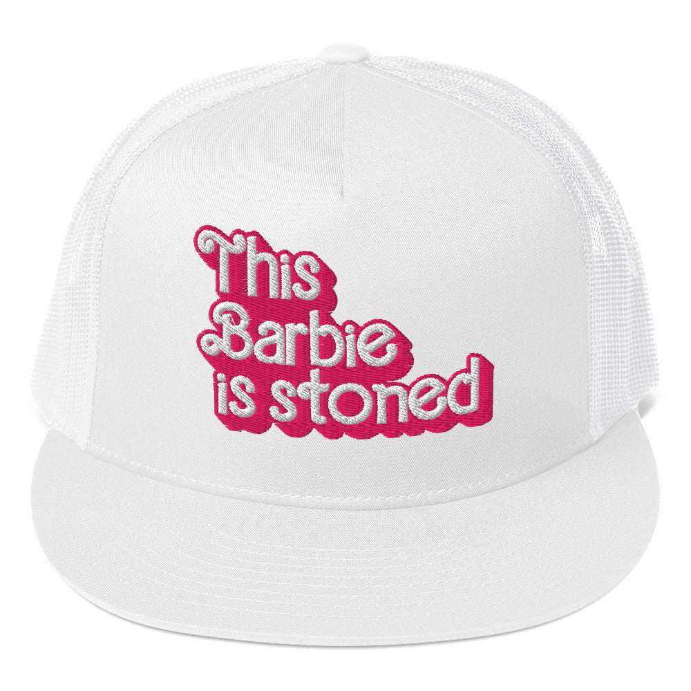 Barbie trucker cap with "This Barbie is stoned" text, high-profile structured design.