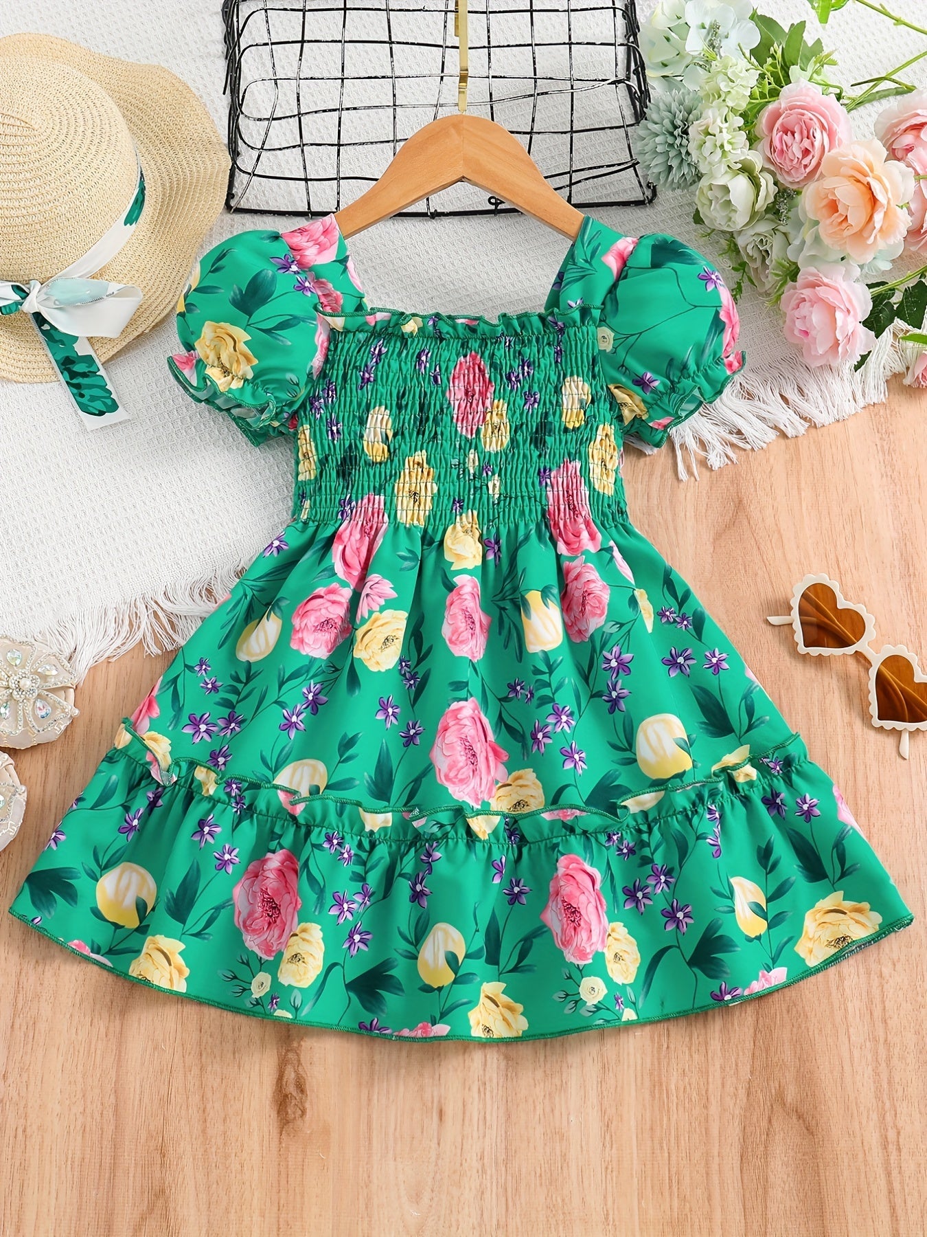 [Floral Party Dress] Floral Puff Sleeve Girls Party Dress | Shirred Ruffled Hem Kids Summer Clothes Good Vibrations