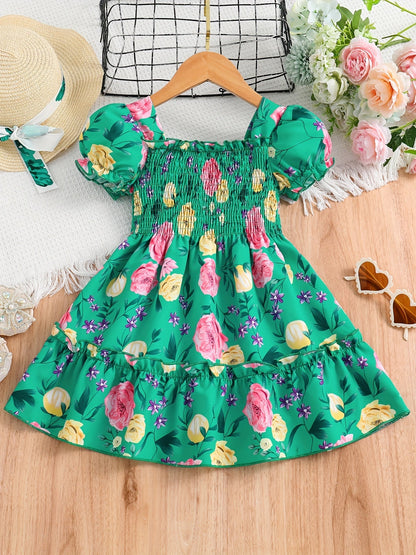 [Floral Party Dress] Floral Puff Sleeve Girls Party Dress | Shirred Ruffled Hem Kids Summer Clothes Good Vibrations