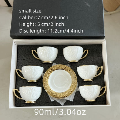 Luxurious Relief Floral Tea Set with Golden Trim: Includes 6 Cups, 6 Saucers, And 1 Large Tray - Perfect for Thanksgiving, Eid Al-Fitr, And More! Good Vibrations