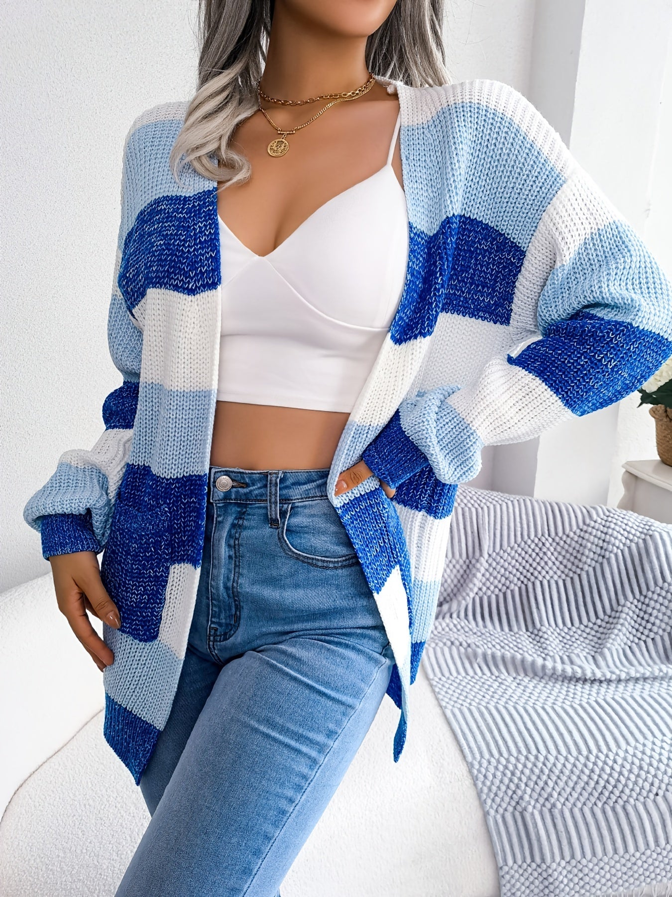 Striped Colorblock V-neck Cardigans, Casual Loose Drop Shoulder Long Sleeve Fall Winter Knit Cardigan, Women's Clothing Good Vibrations