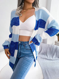 Striped Colorblock V-neck Cardigans, Casual Loose Drop Shoulder Long Sleeve Fall Winter Knit Cardigan, Women's Clothing Good Vibrations